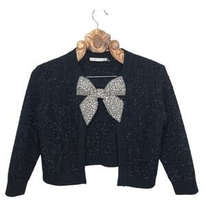 Alice + Olivia Akira Cardigan Black Sparkle Metallic Embellished Beaded Bow xs